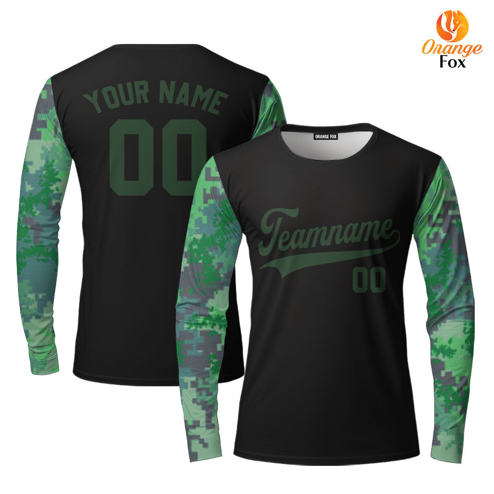 Custom Black Green Camo Raglan Teal Green Black Custom Long Sleeve T-Shirt For Men & Women