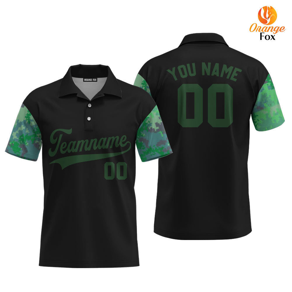 Custom Black Green Camo Raglan Teal Green Black Custom Polo Shirt For Men