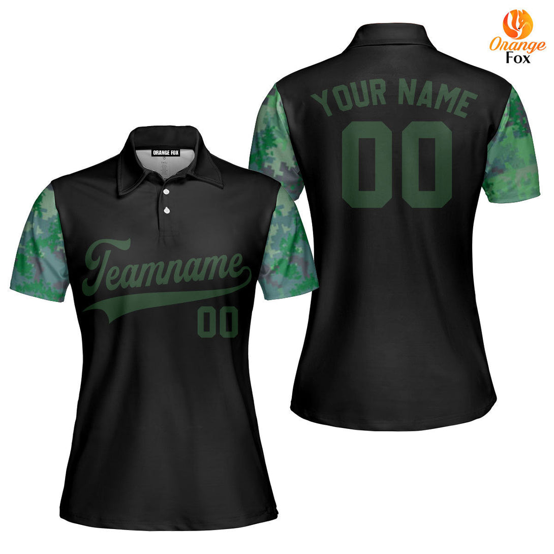 Custom Black Green Camo Raglan Teal Green Black Custom Polo Shirt For Women