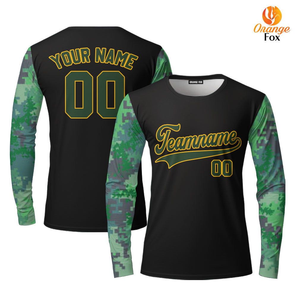 Custom Black Green Camo Raglan Teal Green Yellow Custom Long Sleeve T-Shirt For Men & Women