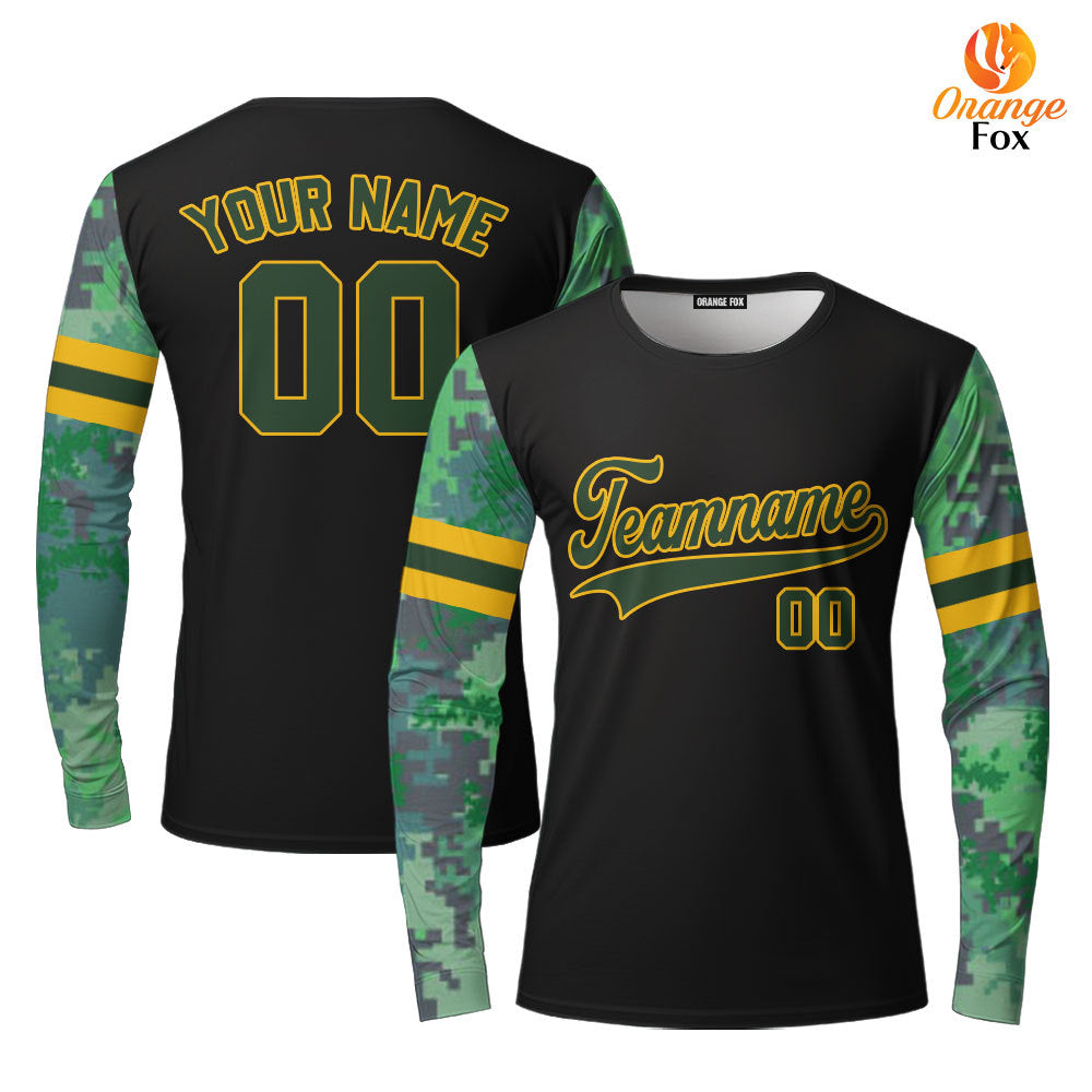 Custom Black Green Camo Raglan Teal Green Yellow Custom Long Sleeve T-Shirt For Men & Women