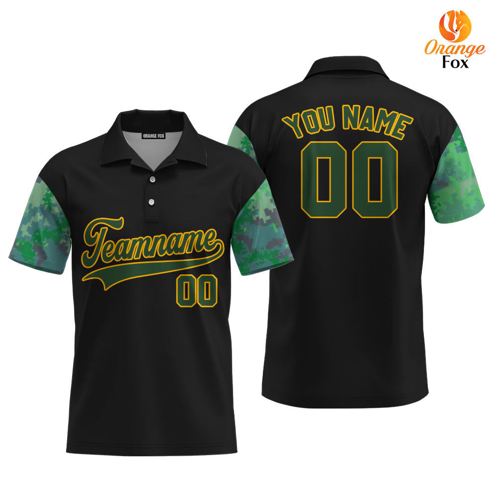 Custom Black Green Camo Raglan Teal Green Yellow Custom Polo Shirt For Men