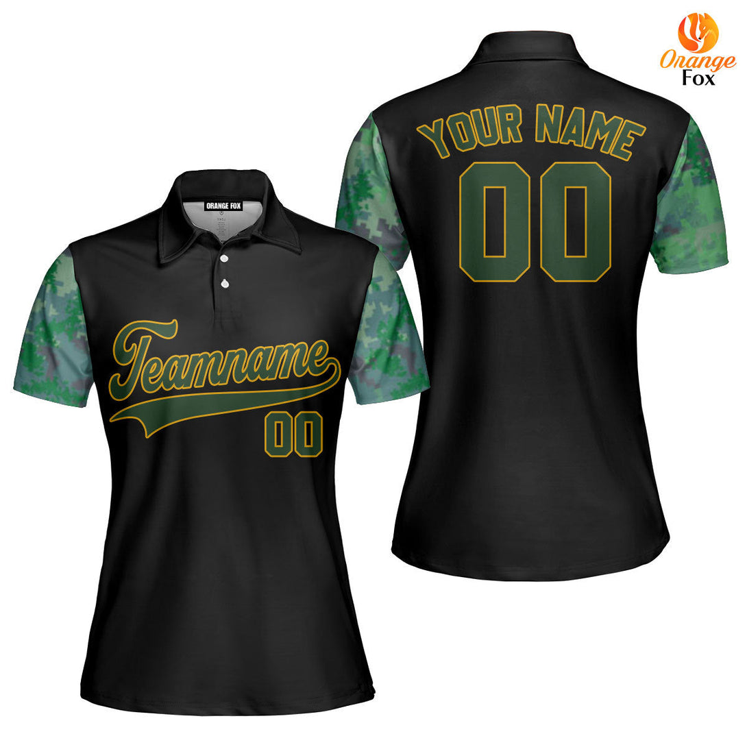 Custom Black Green Camo Raglan Teal Green Yellow Custom Polo Shirt For Women