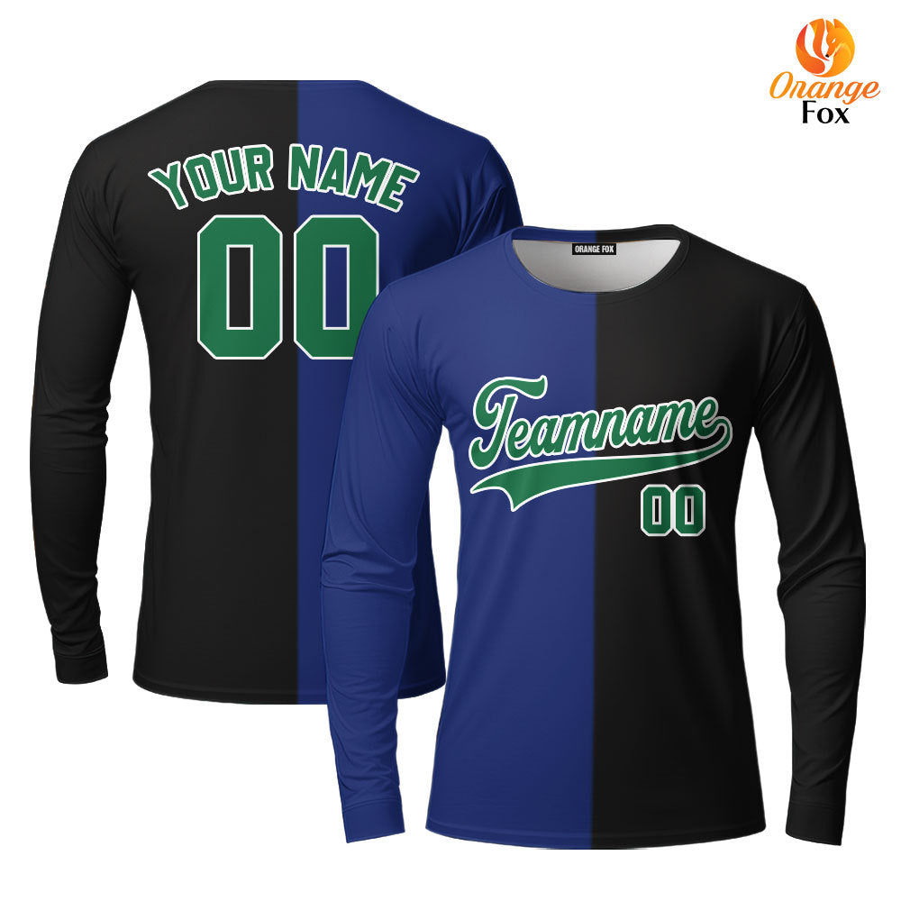 Custom Black Kelly Green Blue Split Fashion Custom Long Sleeve T-Shirt For Men & Women