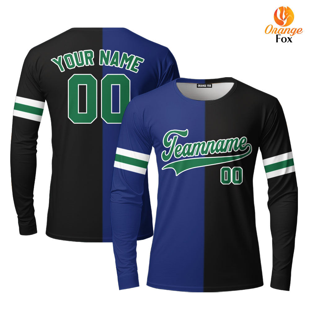 Custom Black Kelly Green Blue Split Fashion Custom Long Sleeve T-Shirt For Men & Women