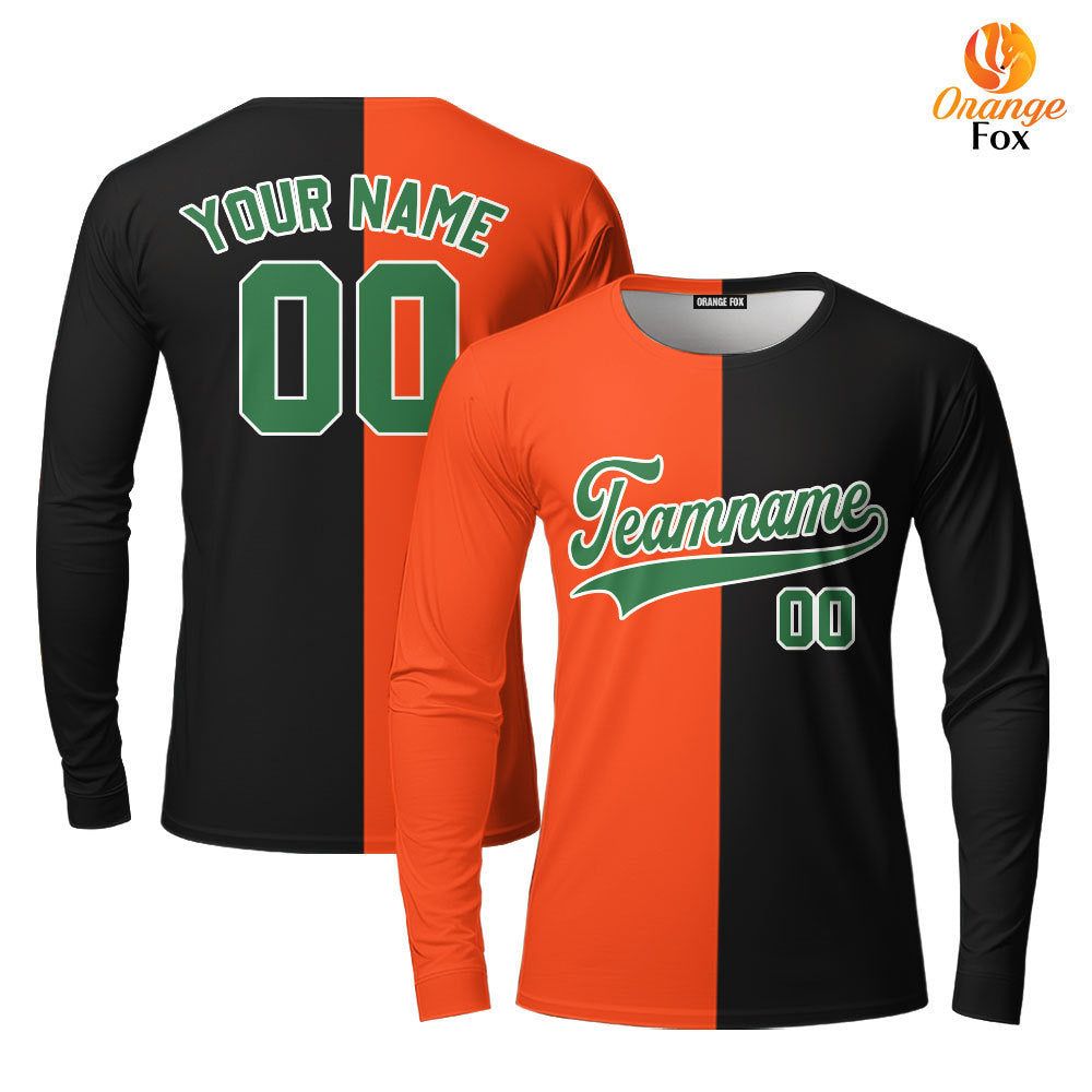 Custom Black Kelly Green Orange Split Fashion Custom Long Sleeve T-Shirt For Men & Women