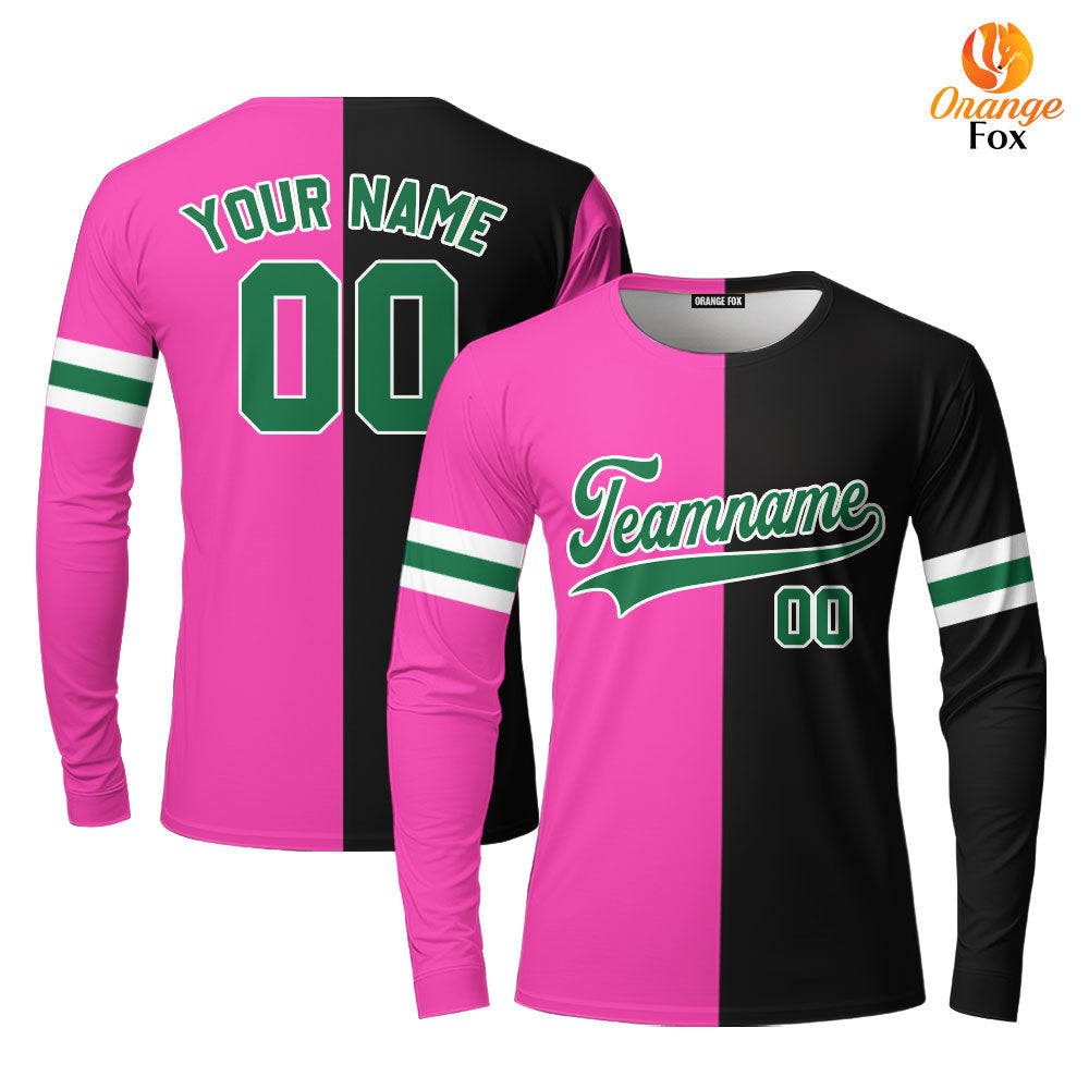 Custom Black Kelly Green Pink Split Fashion Custom Long Sleeve T-Shirt For Men & Women