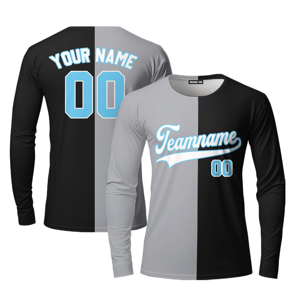 Custom Black Light Blue Gray Split Fashion Custom Long Sleeve T-Shirt For Men & Women