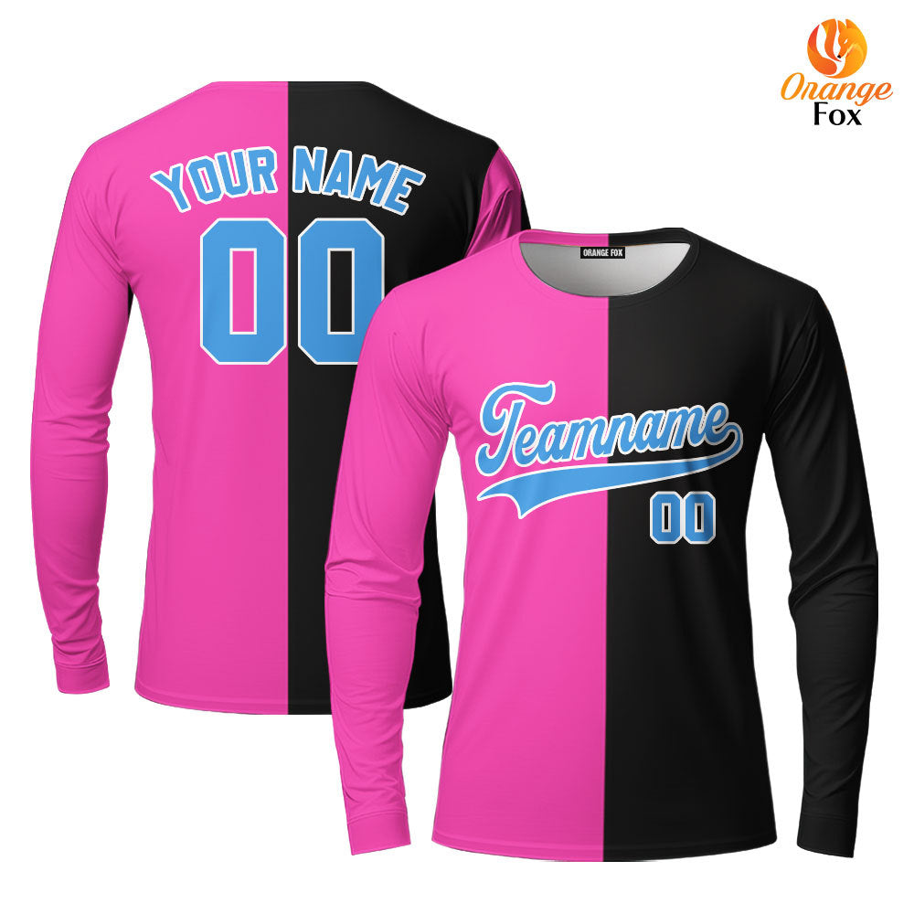 Custom Black Light Blue Pink Split Fashion Custom Long Sleeve T-Shirt For Men & Women