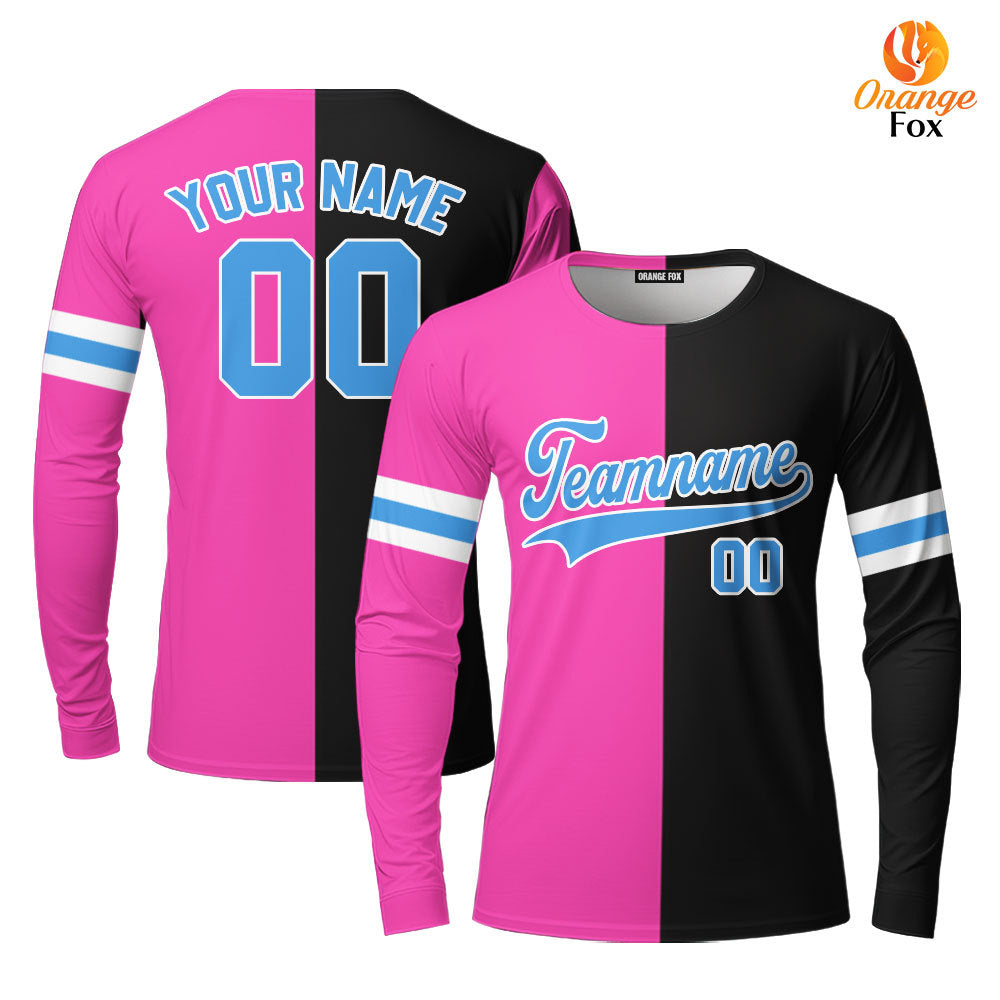 Custom Black Light Blue Pink Split Fashion Custom Long Sleeve T-Shirt For Men & Women