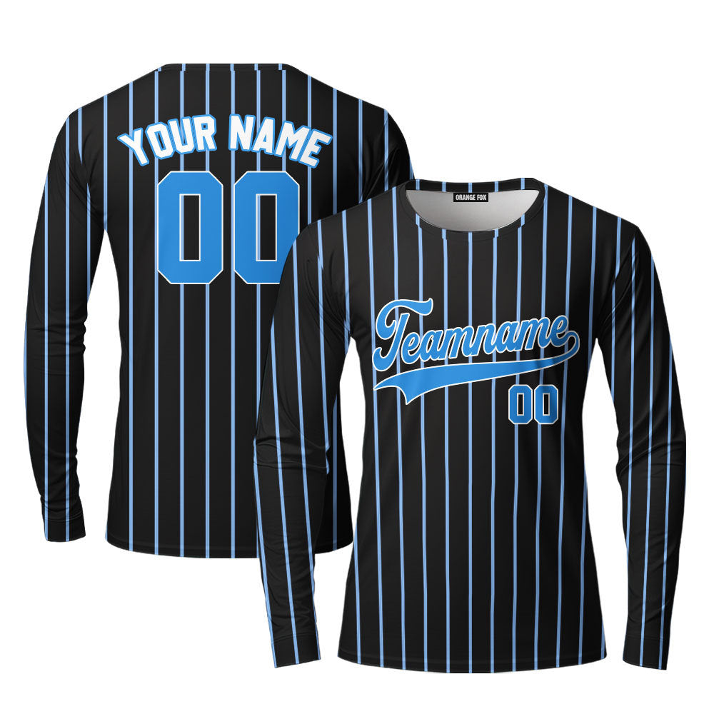 Custom Black Light Blue Pinstripe White Blue Custom Long Sleeve T-Shirt For Men & Women