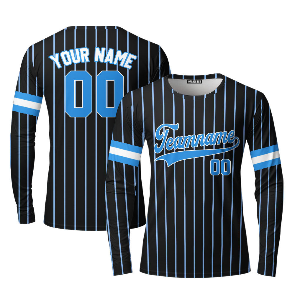 Custom Black Light Blue Pinstripe White Blue Custom Long Sleeve T-Shirt For Men & Women