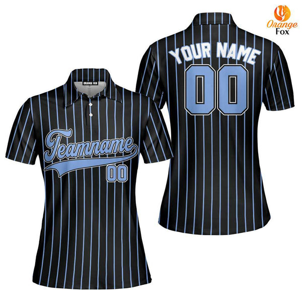 Custom Black Light Blue Pinstripe White Blue Custom Polo Shirt For Women