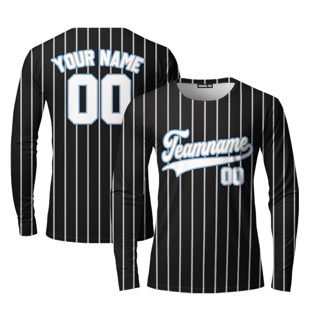 Custom Black Light Blue Pinstripe White Custom Long Sleeve T-Shirt For Men & Women