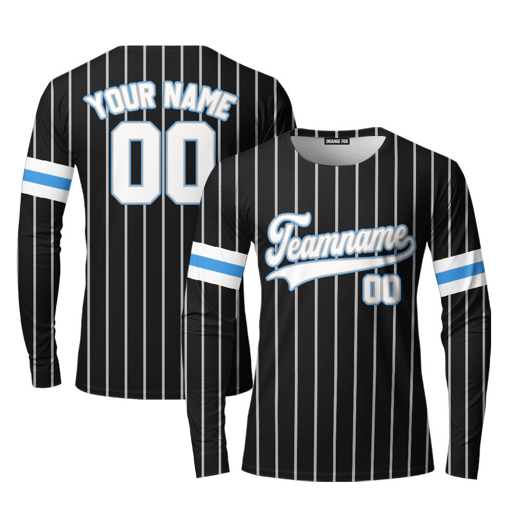 Custom Black Light Blue Pinstripe White Custom Long Sleeve T-Shirt For Men & Women