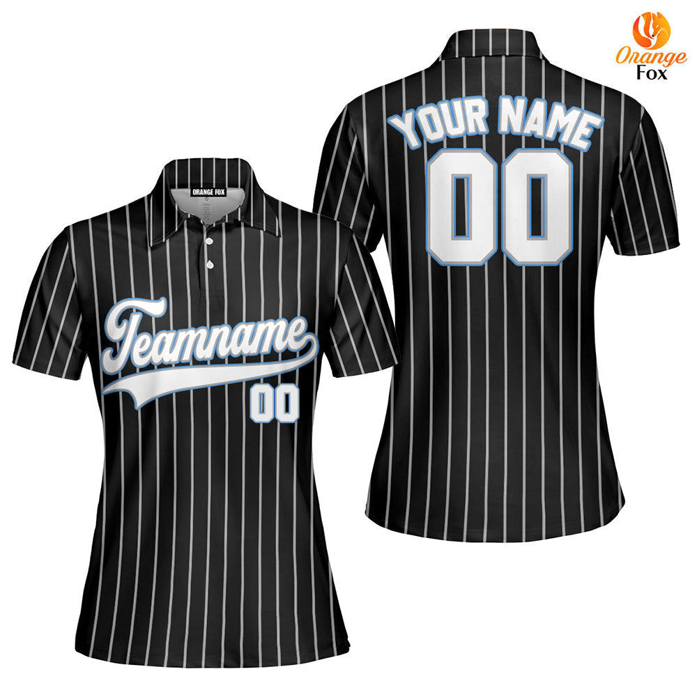 Custom Black Light Blue Pinstripe White Custom Polo Shirt For Women