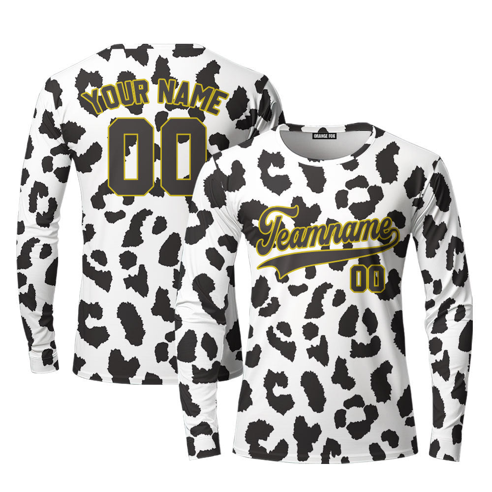 Custom Black N White Leopard Pattern Black Gold Custom Long Sleeve T-Shirt For Men & Women