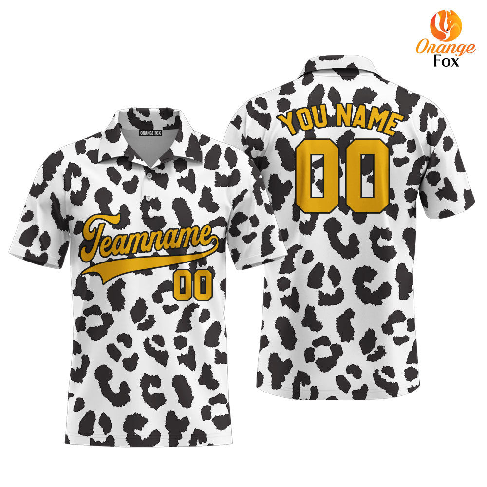 Custom Black N White Leopard Pattern Gold Black Custom Polo Shirt For Men