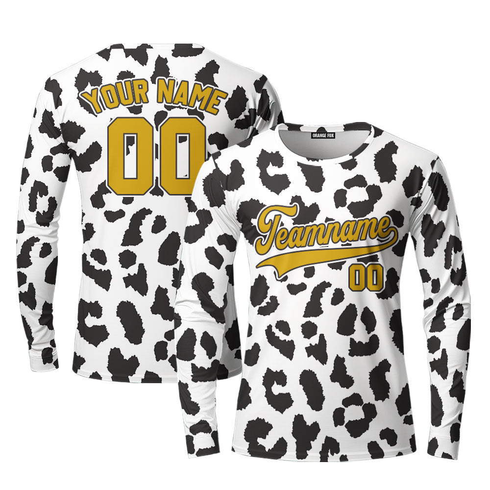 Custom Black N White Leopard Pattern Gold White Custom Long Sleeve T-Shirt For Men & Women