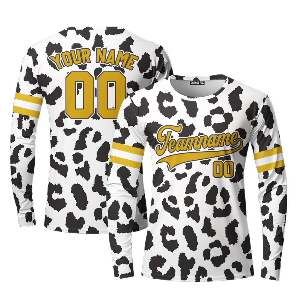 Custom Black N White Leopard Pattern Gold White Custom Long Sleeve T-Shirt For Men & Women