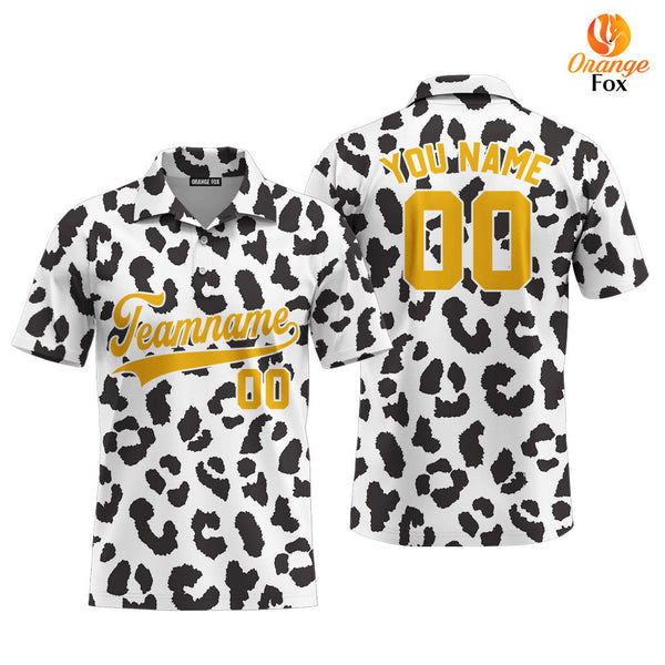 Custom Black N White Leopard Pattern Gold White Custom Polo Shirt For Men