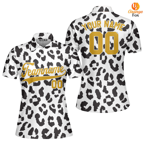 Custom Black N White Leopard Pattern Gold White Custom Polo Shirt For Women