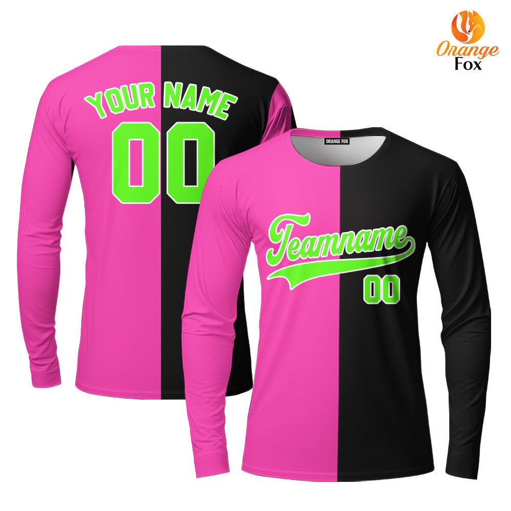 Custom Black Neon Green Pink Split Fashion Custom Long Sleeve T-Shirt For Men & Women