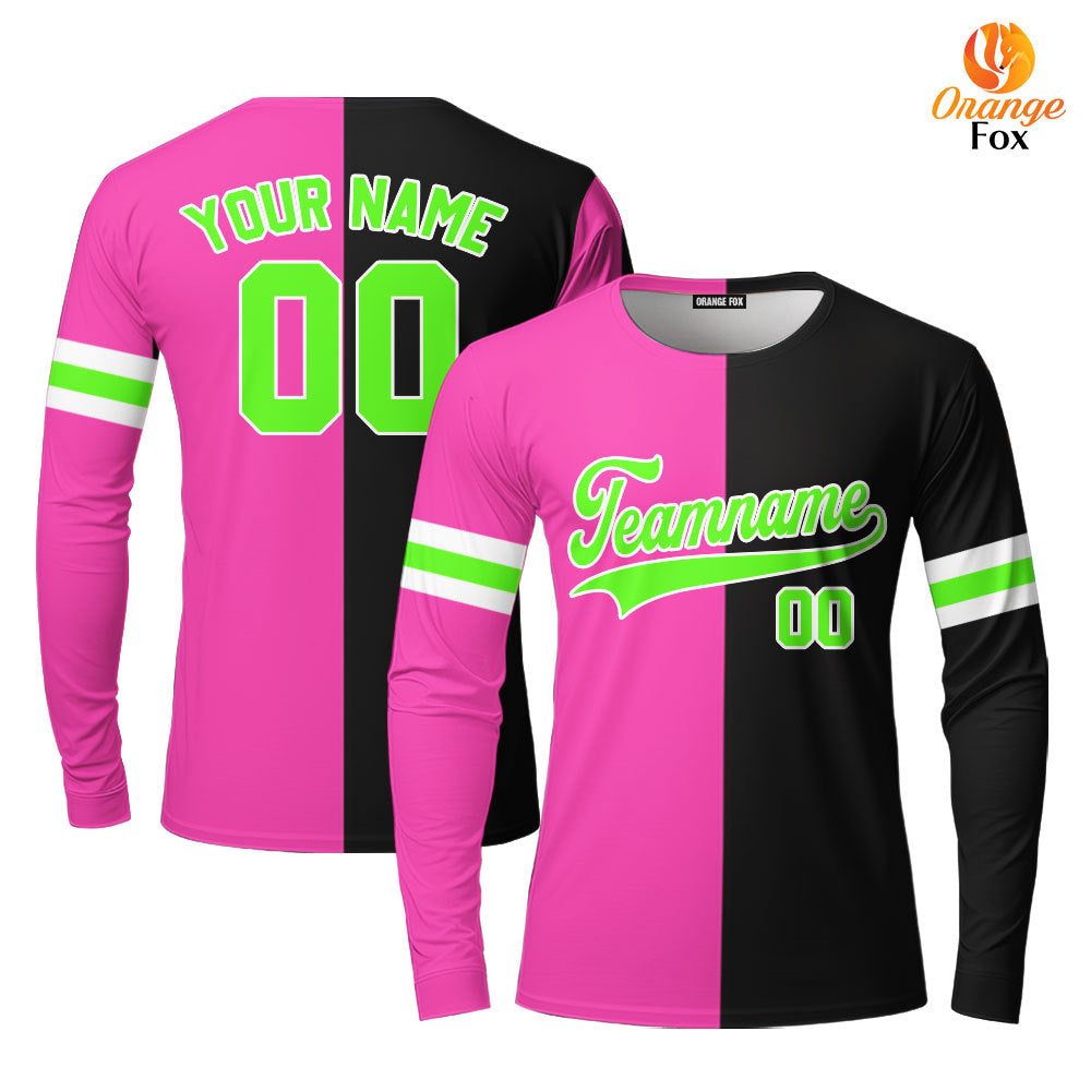 Custom Black Neon Green Pink Split Fashion Custom Long Sleeve T-Shirt For Men & Women