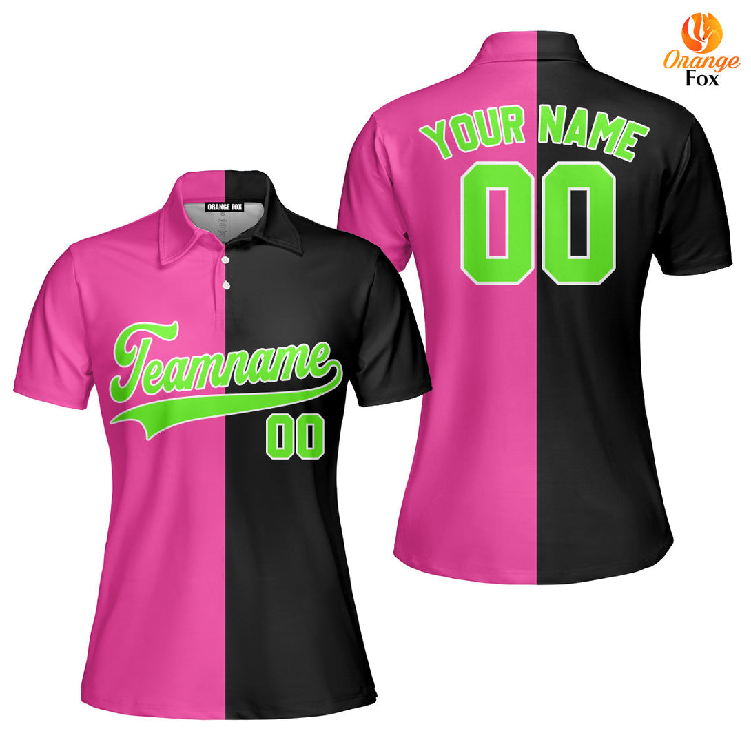 Custom Black Neon Green Pink Split Fashion Custom Polo Shirt For Women