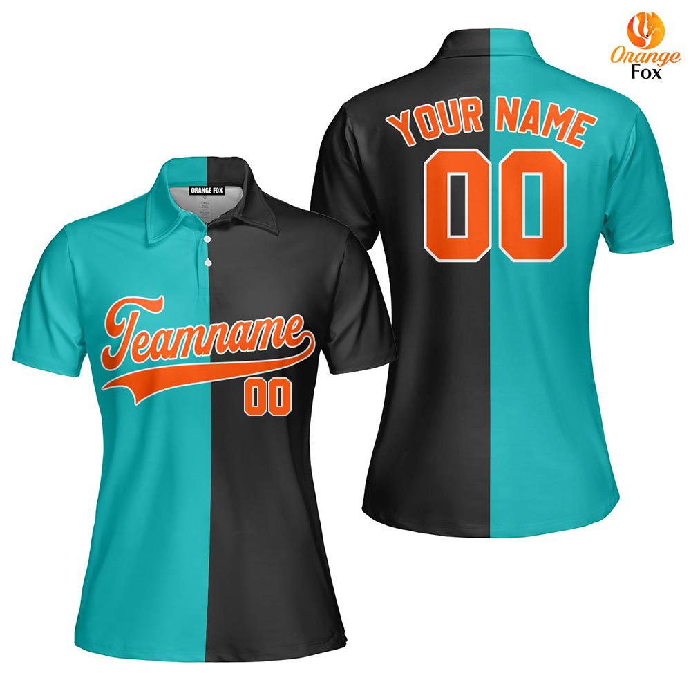 Custom Black Orange Blue Aqua Split Fashion Custom Polo Shirt For Women