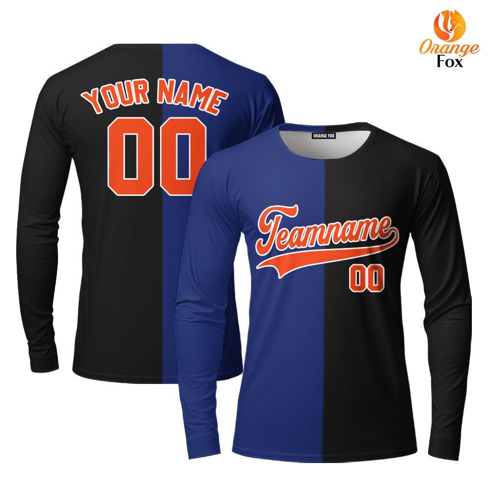 Custom Black Orange Blue Split Fashion Custom Long Sleeve T-Shirt For Men & Women