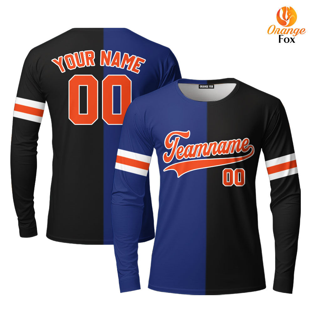 Custom Black Orange Blue Split Fashion Custom Long Sleeve T-Shirt For Men & Women