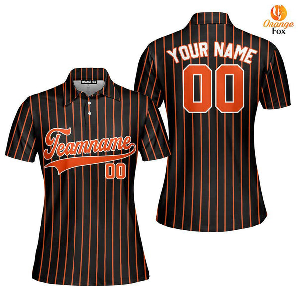 Custom Black Orange Pinstripe White Orange Custom Polo Shirt For Women