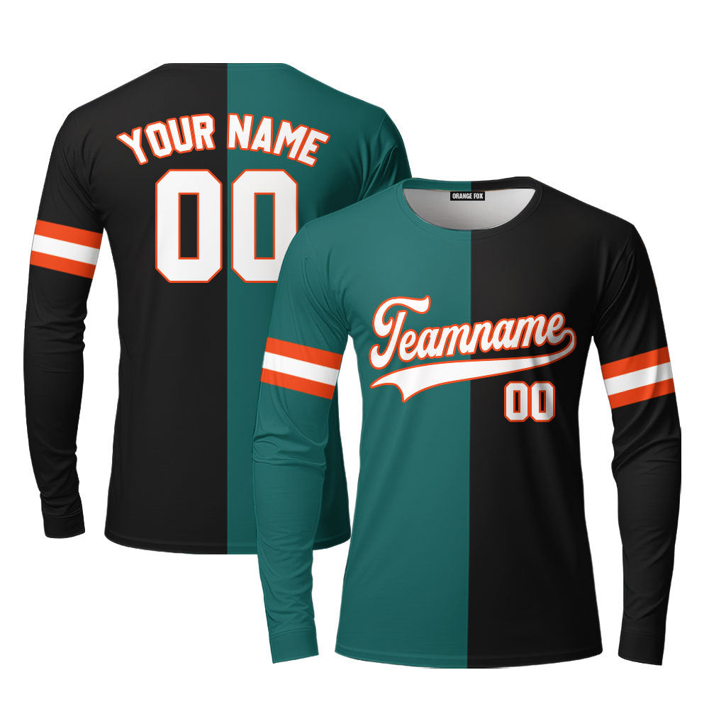 Custom Black Orange Teal Split Fashion Custom Long Sleeve T-Shirt For Men & Women