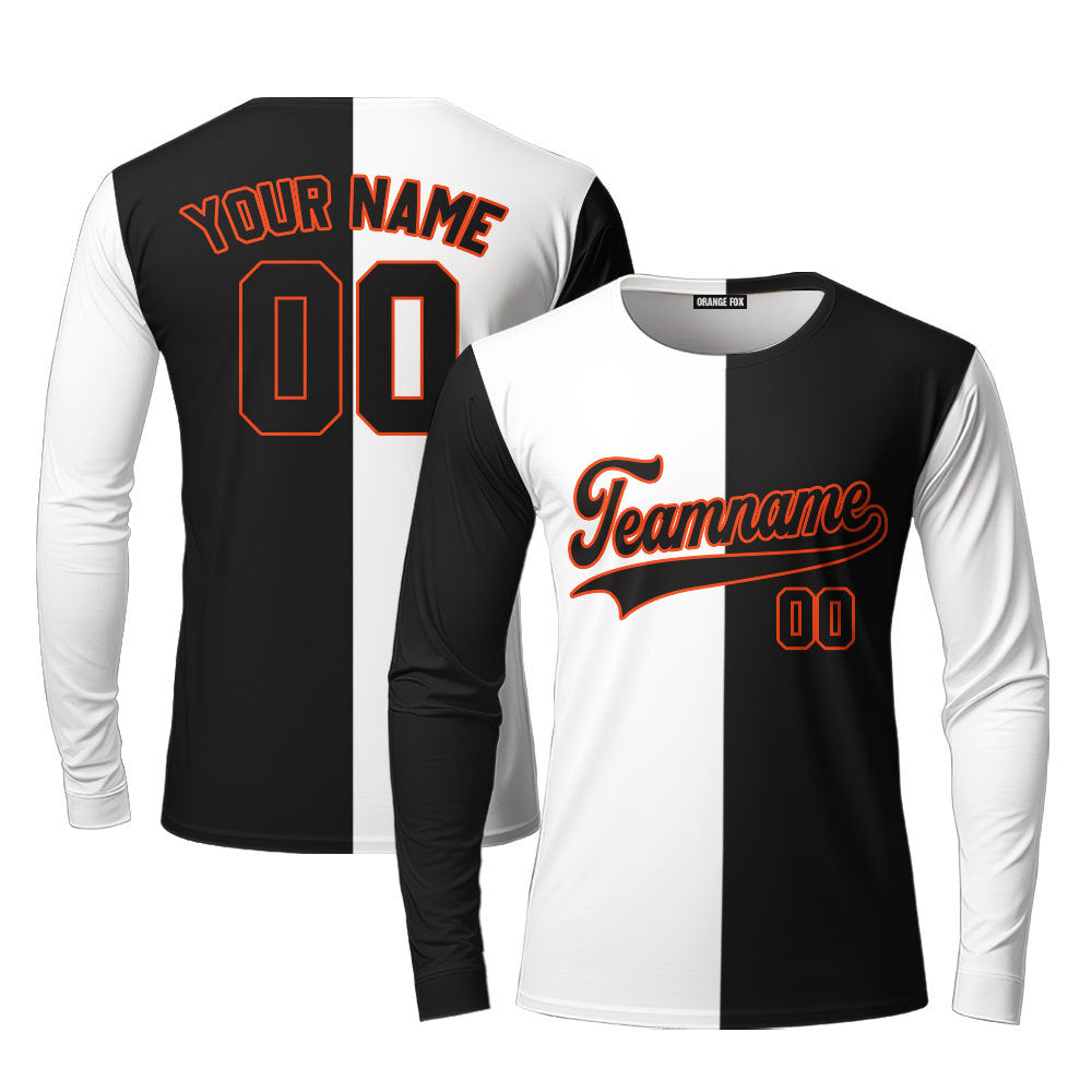 Custom Black Orange White Split Fashion Custom Long Sleeve T-Shirt For Men & Women