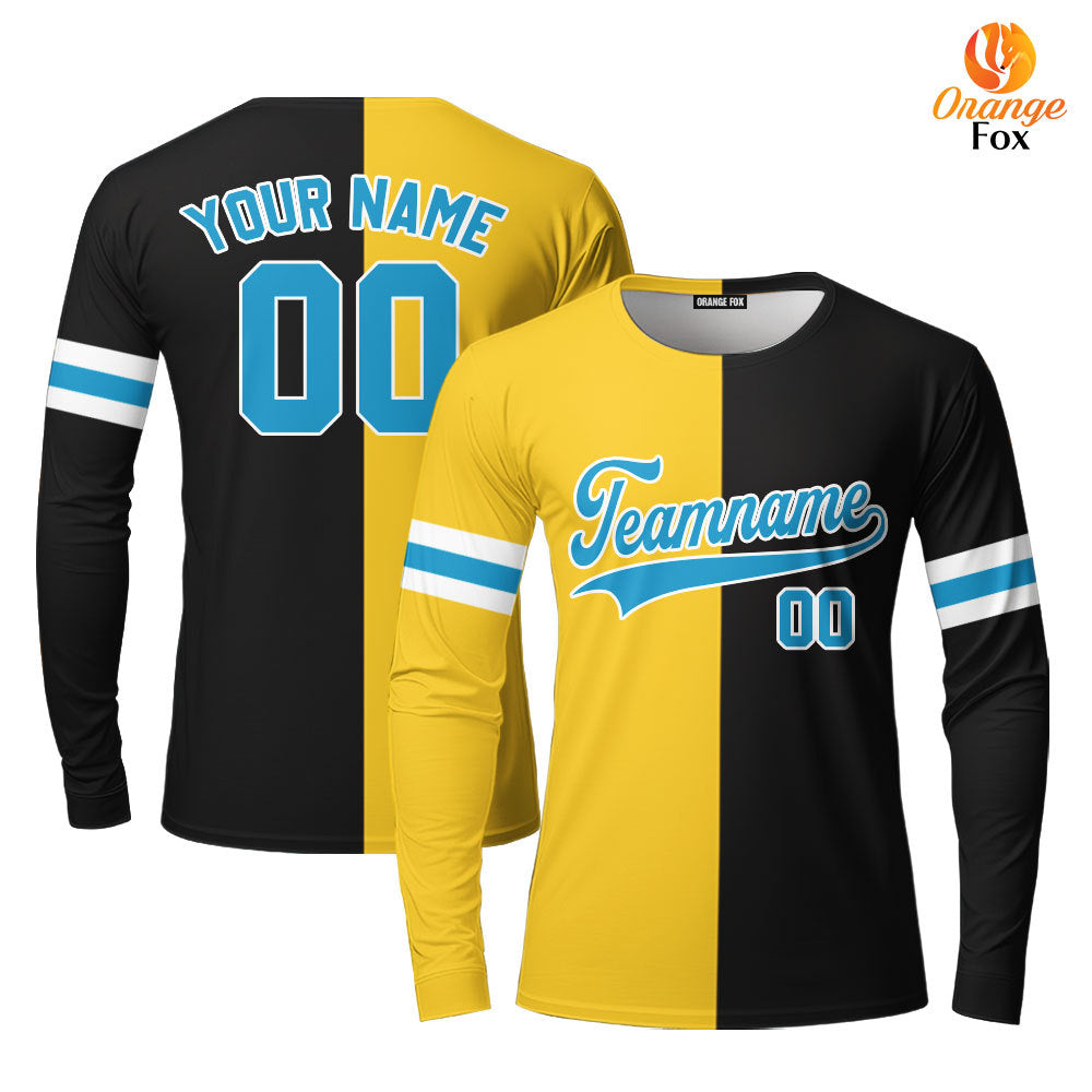 Custom Black Powder Blue Gold Custom Long Sleeve T-Shirt For Men & Women