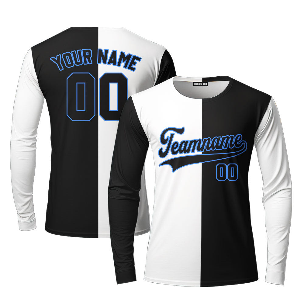 Custom Black Powder Blue White Split Fashion Custom Long Sleeve T-Shirt For Men & Women