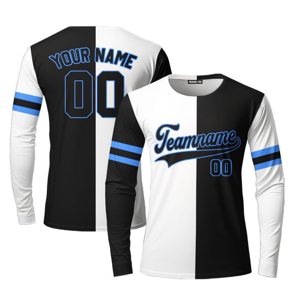 Custom Black Powder Blue White Split Fashion Custom Long Sleeve T-Shirt For Men & Women