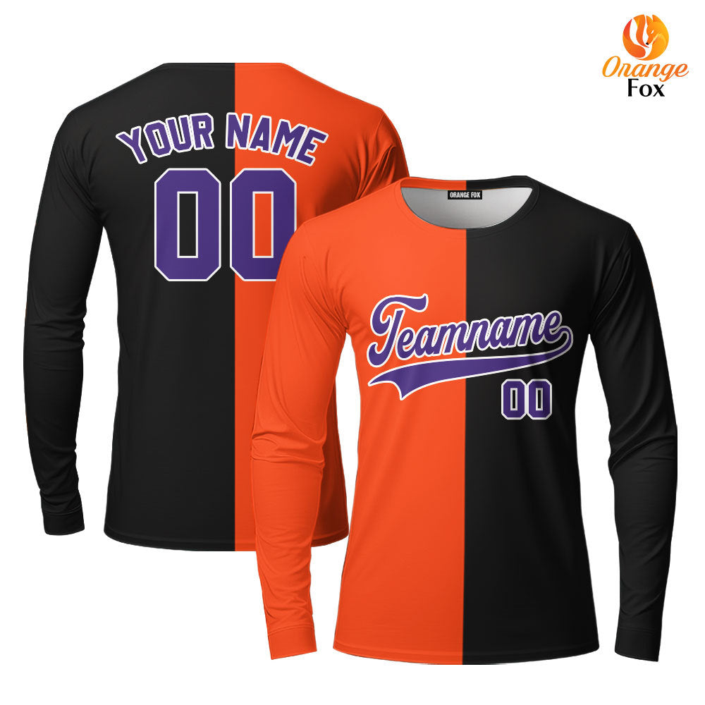 Custom Black Purple Orange Split Fashion Custom Long Sleeve T-Shirt For Men & Women