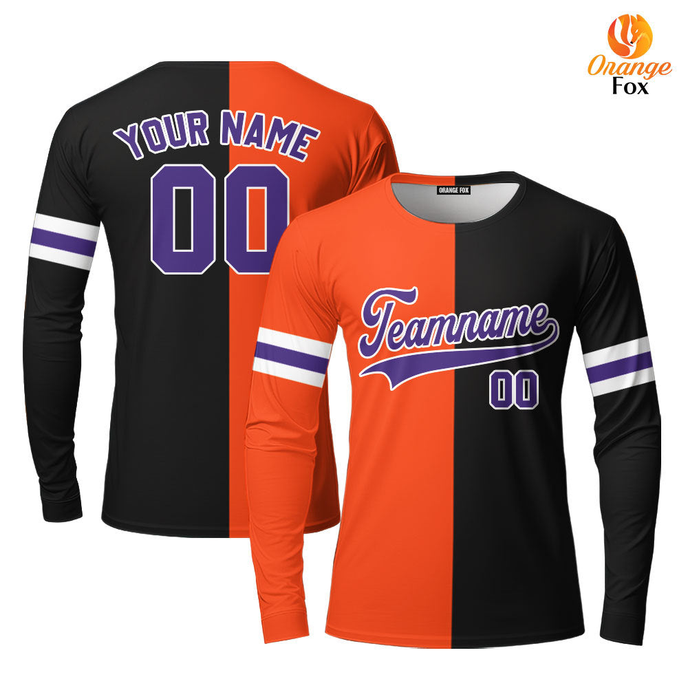 Custom Black Purple Orange Split Fashion Custom Long Sleeve T-Shirt For Men & Women