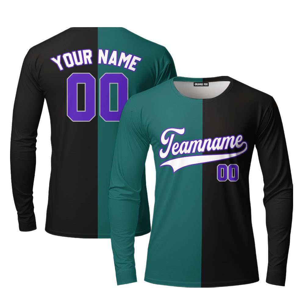 Custom Black Purple Teal Split Fashion Custom Long Sleeve T-Shirt For Men & Women