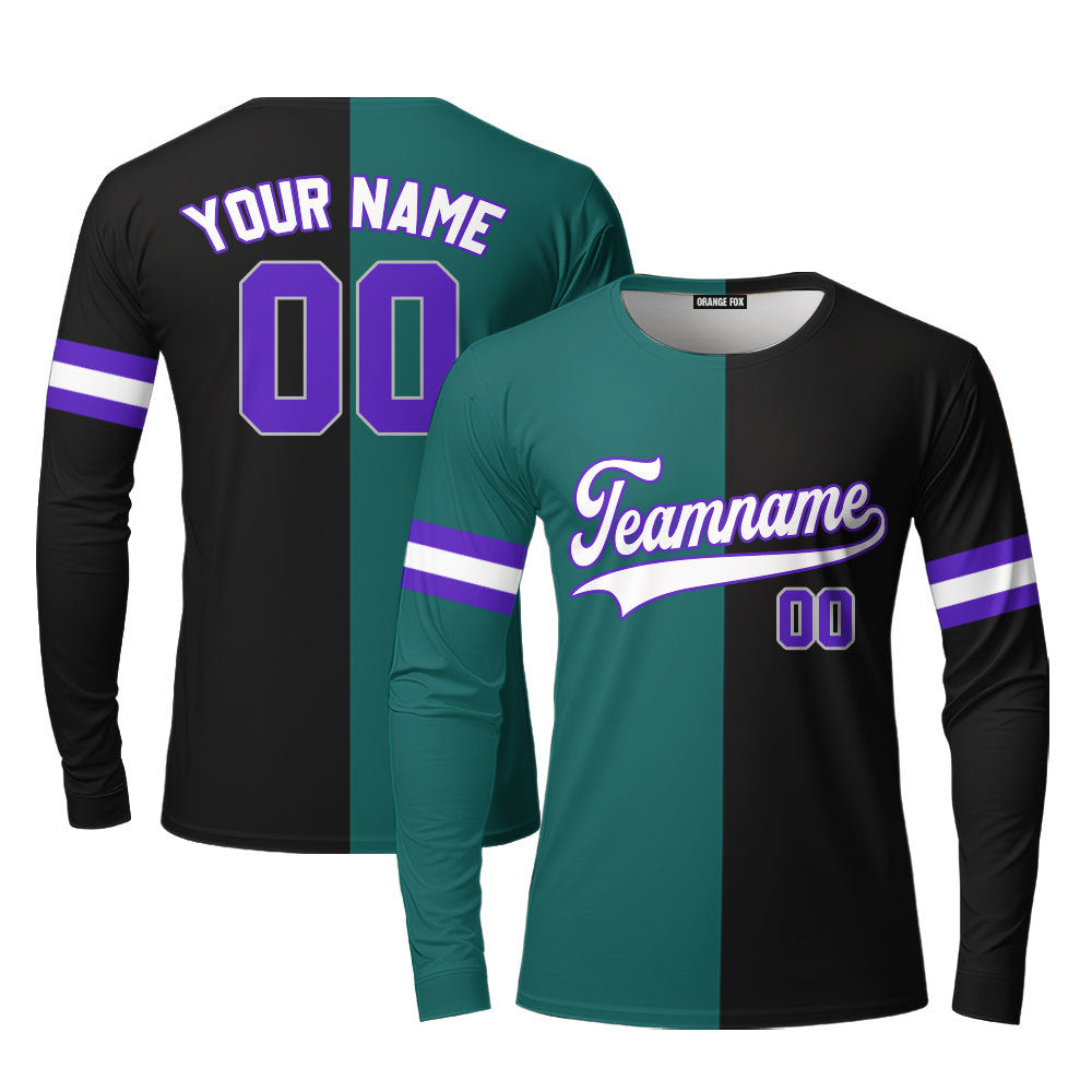 Custom Black Purple Teal Split Fashion Custom Long Sleeve T-Shirt For Men & Women