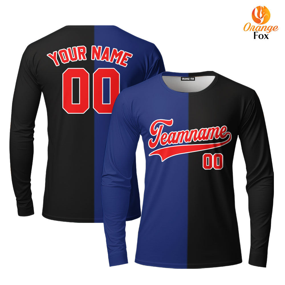 Custom Black Red Blue Split Fashion Custom Long Sleeve T-Shirt For Men & Women