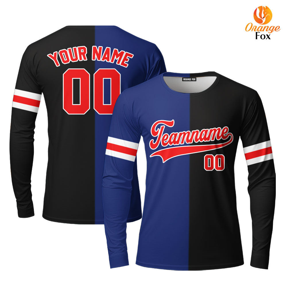 Custom Black Red Blue Split Fashion Custom Long Sleeve T-Shirt For Men & Women