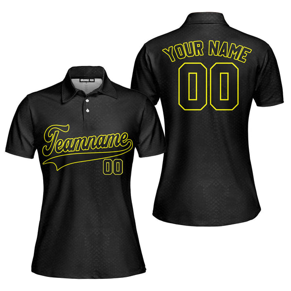 Custom Black Snakeskin Gold Yellow Custom Polo Shirt For Women