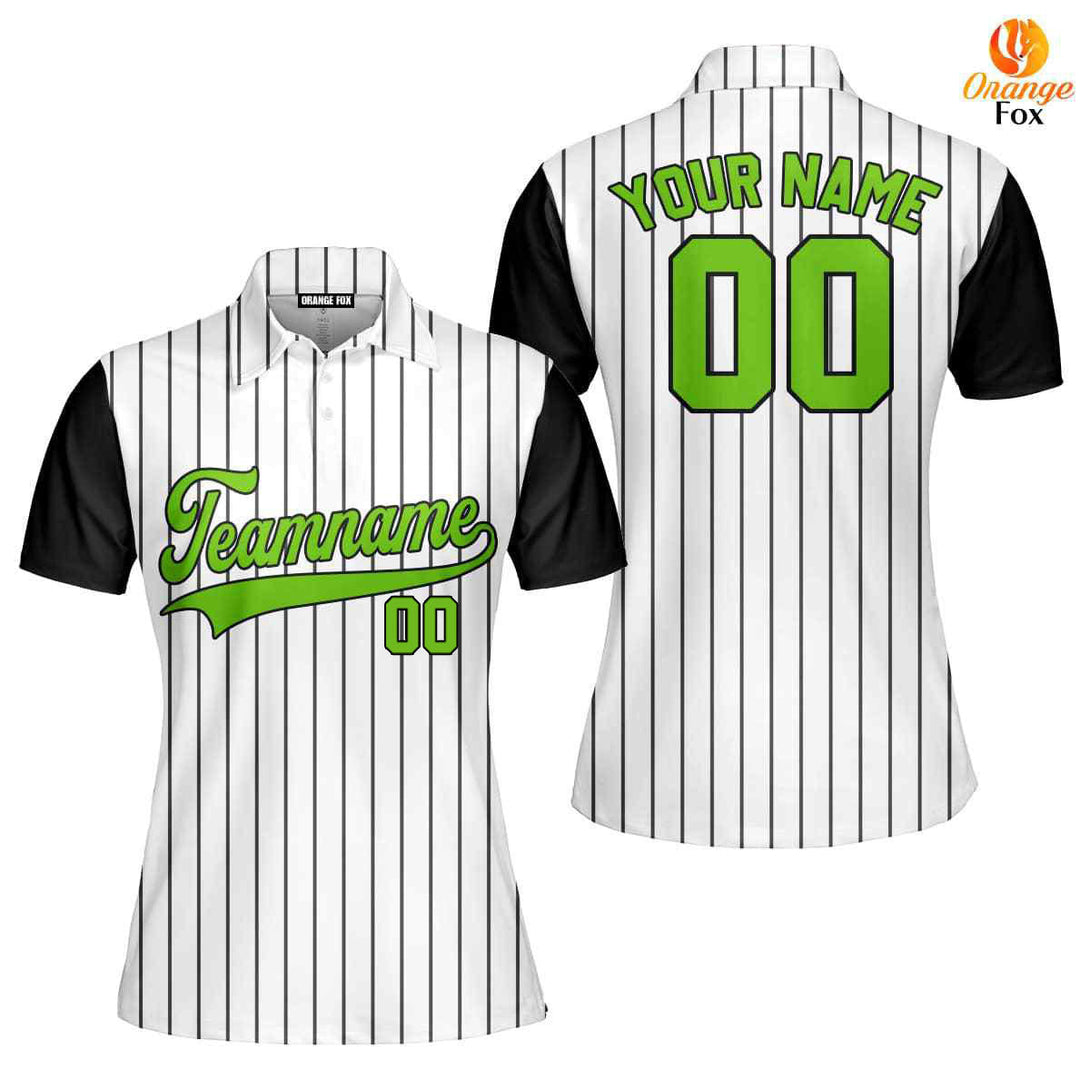 Custom Black White Pinstripe Kelly Green Black Raglan Sleeves Custom Polo Shirt For Women