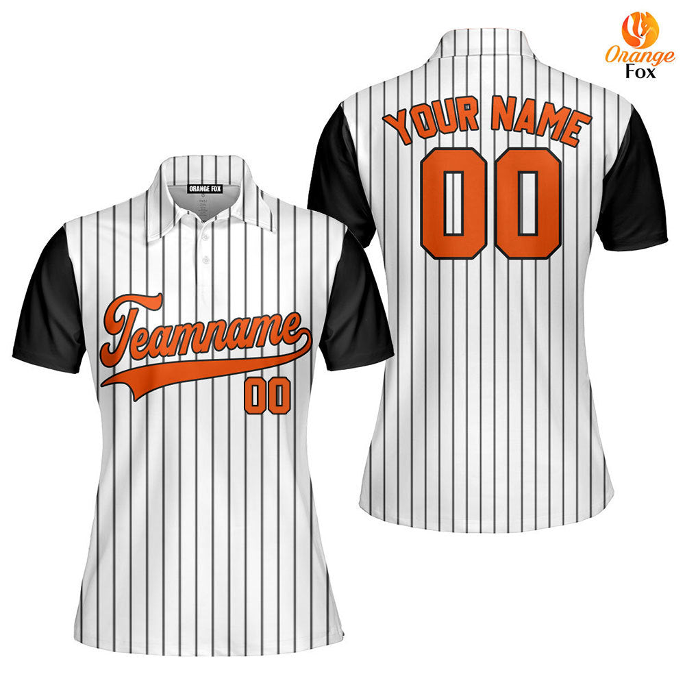 Custom Black White Pinstripe Orange Black Raglan Sleeves Custom Polo Shirt For Women