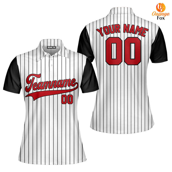 Custom Black White Pinstripe Red Black Raglan Sleeves Custom Polo Shirt For Women