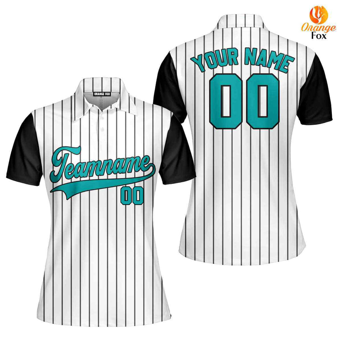 Custom Black White Pinstripe Teal Black Raglan Sleeves Custom Polo Shirt For Women