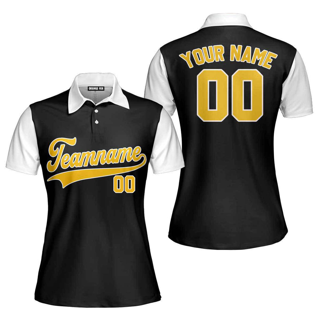 Custom Black White Raglan Gold White Custom Polo Shirt For Women